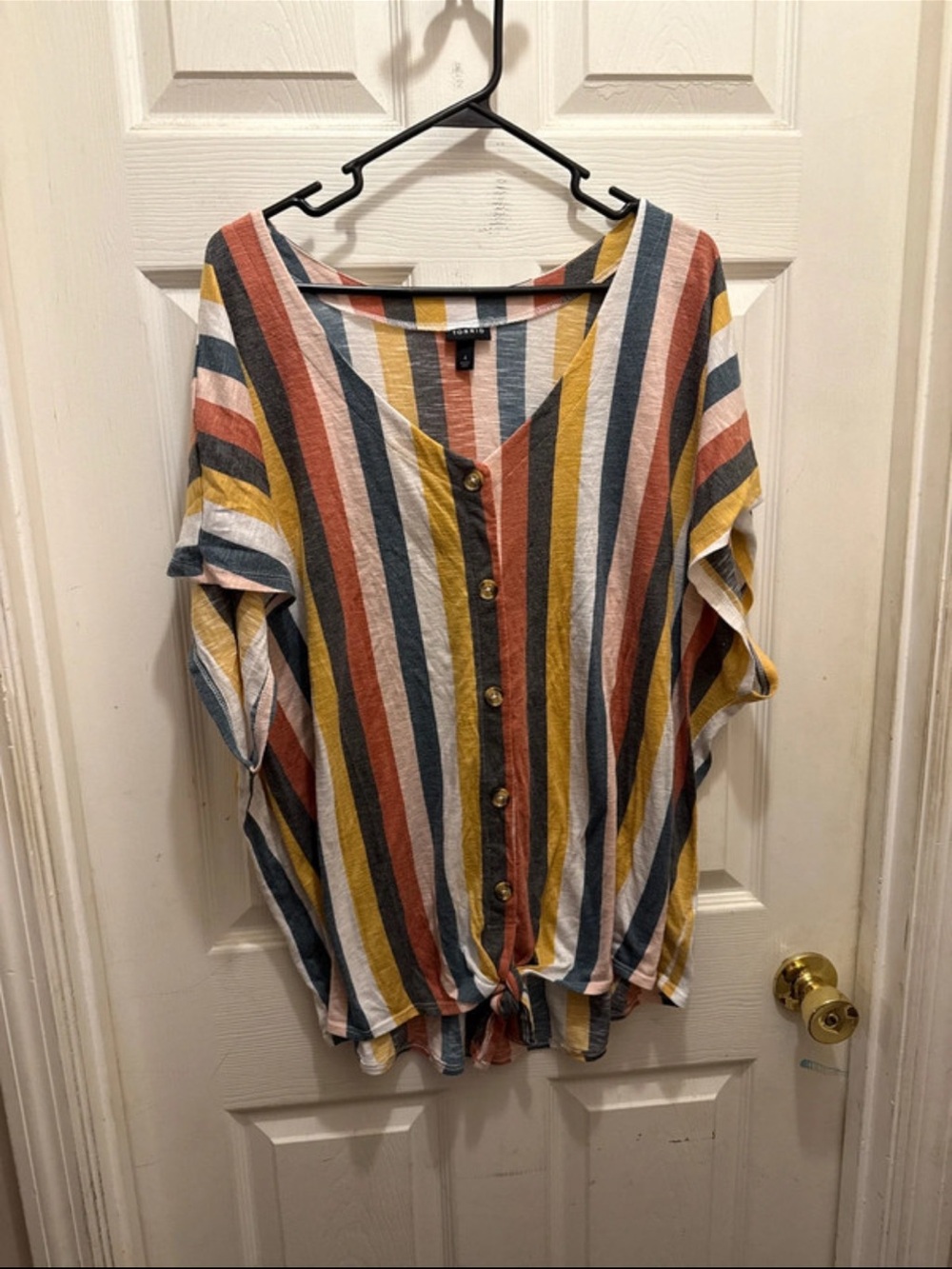 torrid Striped Button-Front Tie-Hem Top in Mustard, Rust, Navy & White
